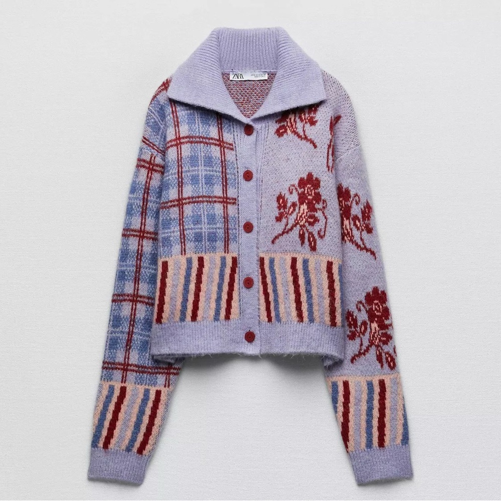 Zara Knit Jacquard Plaid Floral Cardigan in Purple